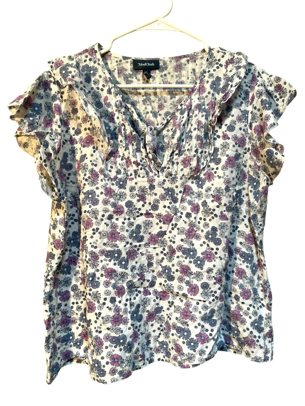 Modcloth Women's Sz XL Short Sleeve Top White Blue Purple Floral Pleated Keyhole